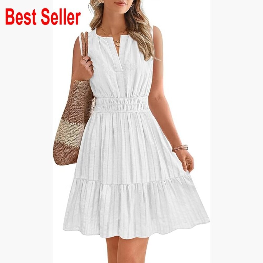 Cotton Mini Dress with Pockets, Sleeveless V-Neck A-Line